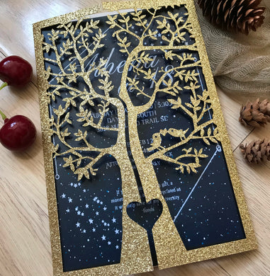 50pcs Glitter Gold/Silver Tree laser cut Wedding Invitations cards,custom Laser Cut Invitations Cards,birthday invitation covers,graduation invite cards,laser cut invite sleeve - Kdecoration