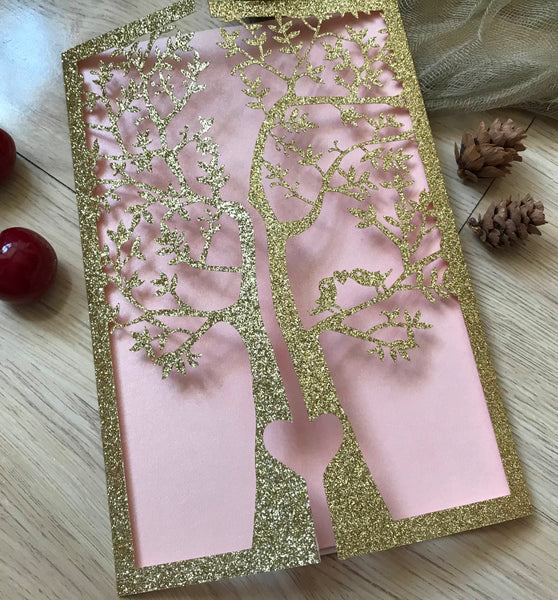 50pcs Glitter Gold/Silver Tree laser cut Wedding Invitations cards,custom Laser Cut Invitations Cards,birthday invitation covers,graduation invite cards,laser cut invite sleeve - Kdecoration