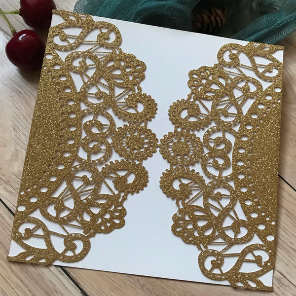 50pcs Glitter Gold Laser Cut Invitation Cards,Laser Cut Wedding Cards,Engagement Invitations - Kdecoration