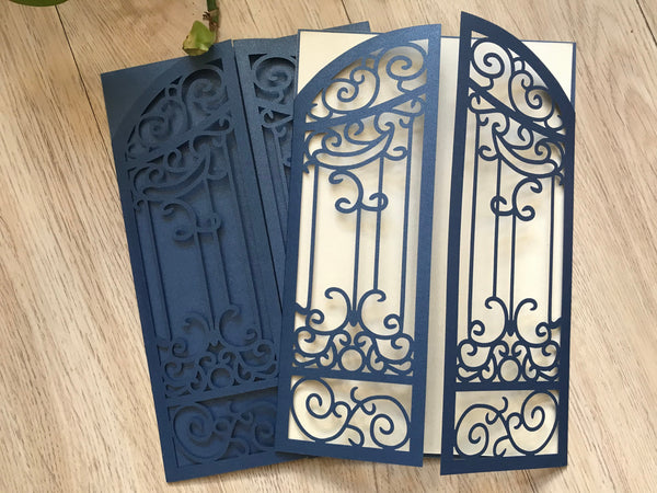 50pcs pearl Navy Blue Gate Laser cut invitations,laser cut Wedding Card,Engagement Invitations,cutstom laser cut wedding invite cards,invitations - Kdecoration