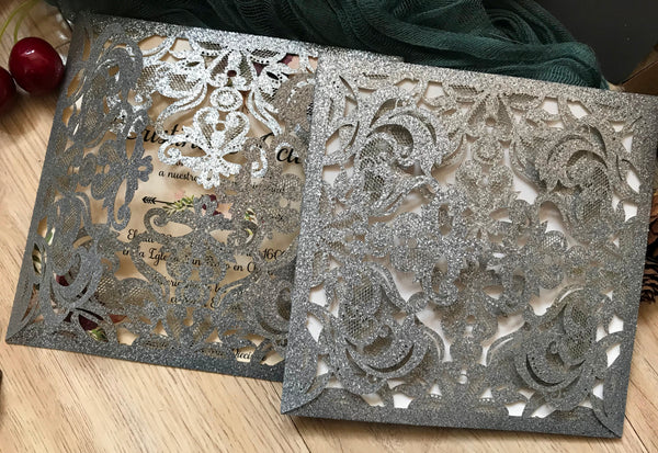 50pcs Glitter Silver laser cut wedding invite cards,Laser Cut Invitations Cards,Laser Cut Wedding Cards,custom engagement Invite Covers - Kdecoration
