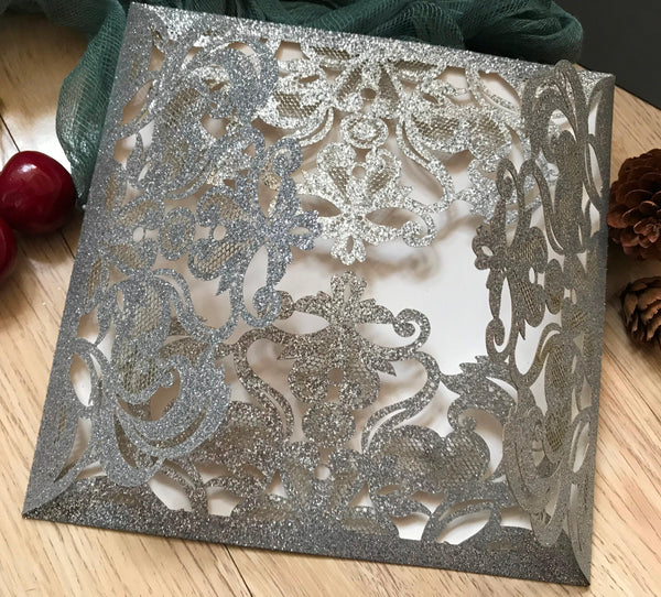 50pcs Glitter Silver laser cut wedding invite cards,Laser Cut Invitations Cards,Laser Cut Wedding Cards,custom engagement Invite Covers - Kdecoration
