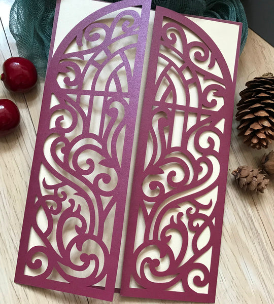 50pcs Pearl Burgundy Red wedding invitation, laser cut invitation , elegant wedding invitations - Kdecoration