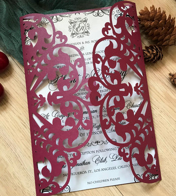 50pcs pearl Burgundy red Laser Cut Wedding Invitations,Wedding Invites covers,Invitations Cards - Kdecoration