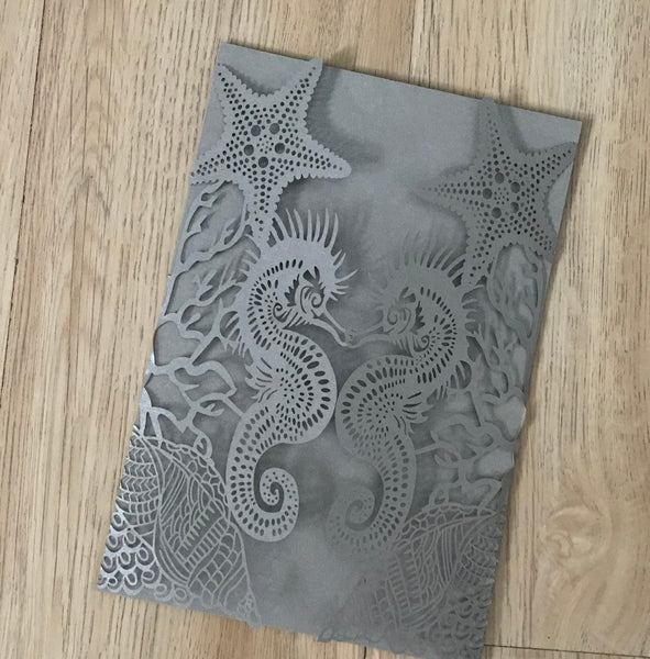 50pcs Pearl Silver Seahorse Laser Cut Invitations Cards,Beach Invitation Cards,Invite Covers - Kdecoration