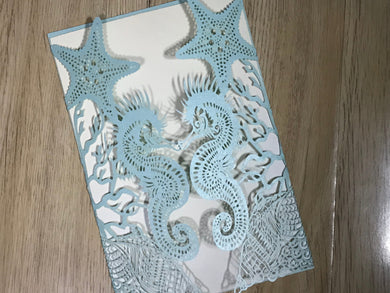 50pcs Pearl Light Blue Seashorse Laser Cut Wedding Cards,Beach Wedding Invitations - Kdecoration