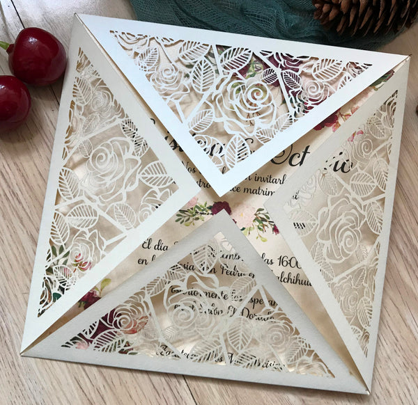 Custom Laser Cut Invitations,Rose laser cut wedding invite cards,Engagement Invitations - Kdecoration