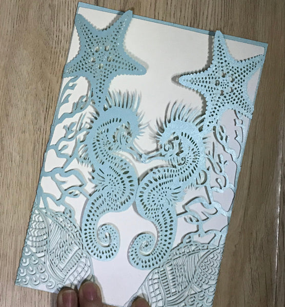 50pcs Pearl Light Blue Seashorse Laser Cut Wedding Cards,Beach Wedding Invitations - Kdecoration