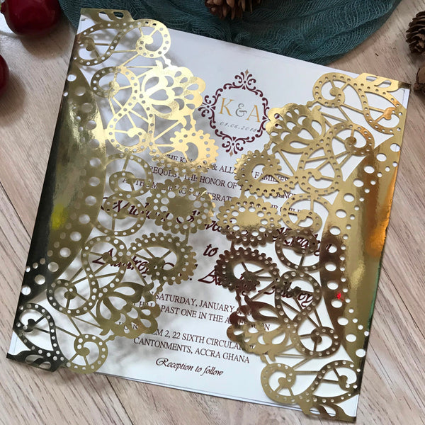 50pcs Metallic Gold Laser Cut Wedding Cards,Invitations,Quinceanera Boda invitations - Kdecoration