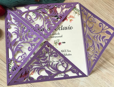 50pcs Pearl Purple Vintage Wedding Invitation Cards, Elegant Laser Cut Invitations - Kdecoration