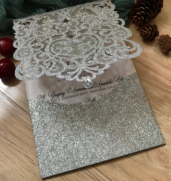 50pcs Glitter Silver Pocket Invitations,Laser cut invite cards,Birthday, Quinceanera Invitations - Kdecoration