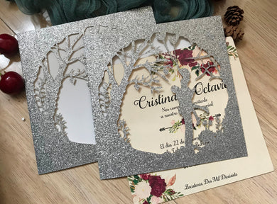 50pcs Glitter Silver  Rustic Wedding Invitation,Romantic Invitation with Couple,Laser Cut Invitations - Kdecoration