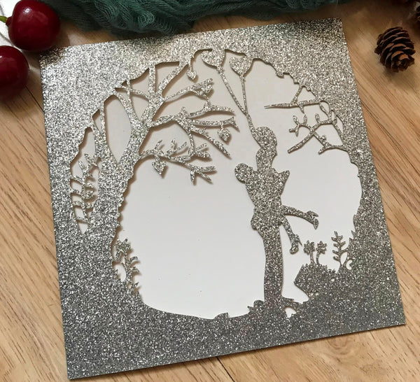 50pcs Glitter Silver  Rustic Wedding Invitation,Romantic Invitation with Couple,Laser Cut Invitations - Kdecoration