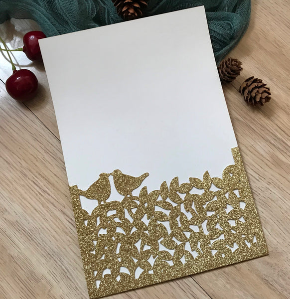 50pcs Glitter Gold Love Bird Laser Cut Wedding Invitations,Menu Cards,Birthday Invite - Kdecoration