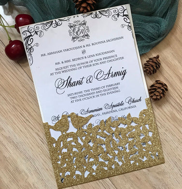 50pcs Glitter Gold Love Bird Laser Cut Wedding Invitations,Menu Cards,Birthday Invite - Kdecoration