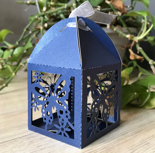 100pcs pearl navy blue butterfly Laser Cut wedding favor Boxes with Ribbons,chocolate gift packaging boxes,baby shower gift boxes - Kdecoration