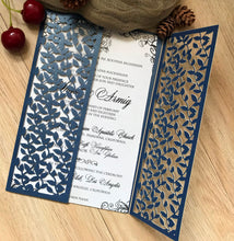 50pcs Pearl Navy Blue leaf Laser cut invitations cards,custom Laser Cut Wedding Cards - Kdecoration