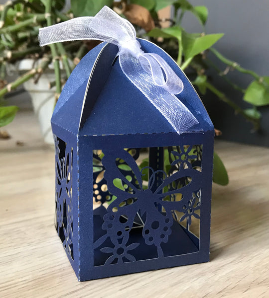 100pcs pearl navy blue butterfly Laser Cut wedding favor Boxes with Ribbons,chocolate gift packaging boxes,baby shower gift boxes - Kdecoration