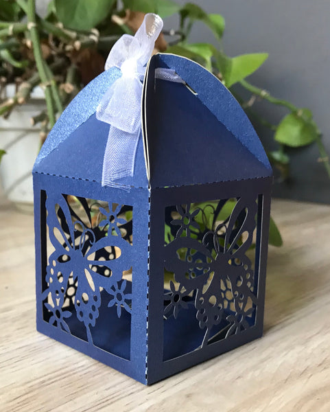 100pcs pearl navy blue butterfly Laser Cut wedding favor Boxes with Ribbons,chocolate gift packaging boxes,baby shower gift boxes - Kdecoration