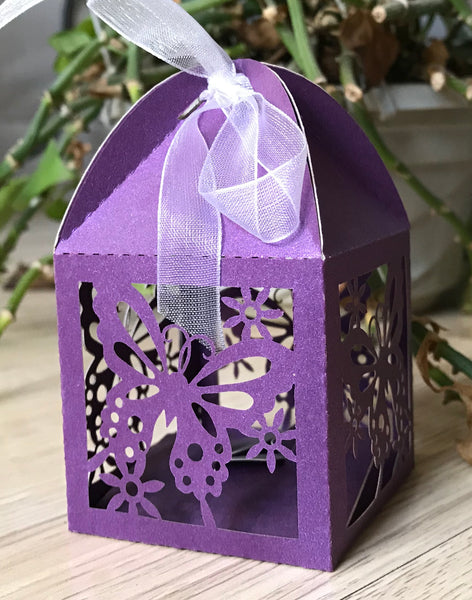 100pcs pearl purple butterfly Laser Cut wedding favor Boxes with Ribbons,laser cut gift boxes - Kdecoration