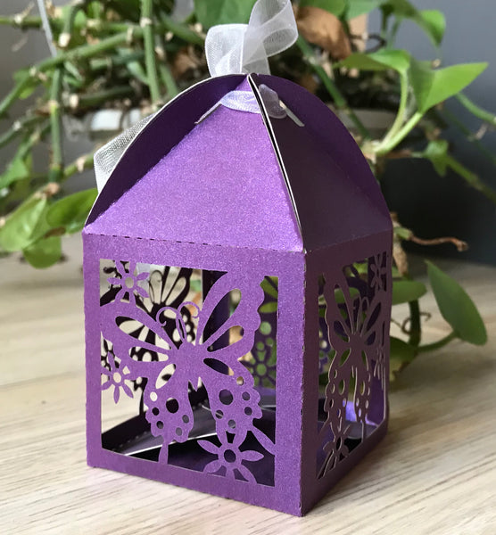 100pcs pearl purple butterfly Laser Cut wedding favor Boxes with Ribbons,laser cut gift boxes - Kdecoration