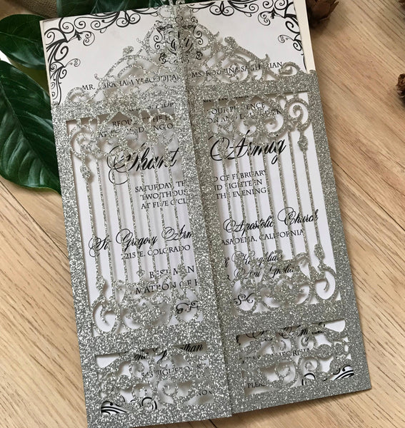 50pcs Glitter Silver graduation Invitations,Laser Cut Wedding Cards,Bridal Shower Invitations - Kdecoration