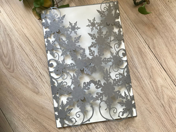 50pcs Pearl Silver snowflake Laser cut wedding Invitations,custom Bridal Shower Invitation - Kdecoration