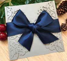 50pcs Pearl Silver Laser Cut Wedding Cards with Navy Blue ribbon,Laser Cut Invitation Cards - Kdecoration