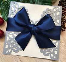 50pcs Pearl Silver Laser Cut Wedding Cards with Navy Blue ribbon,Laser Cut Invitation Cards - Kdecoration