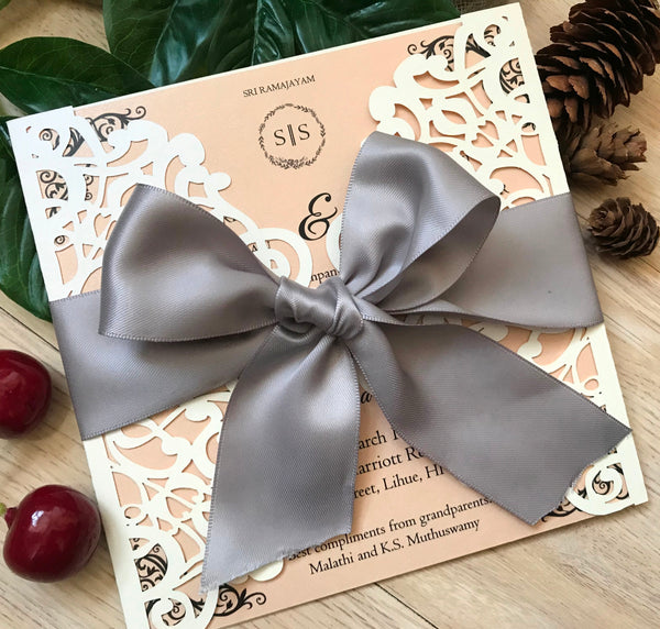 50pcs pearl cream Baby Shower invitation with silver ribbon,laser cut Wedding Cards - Kdecoration