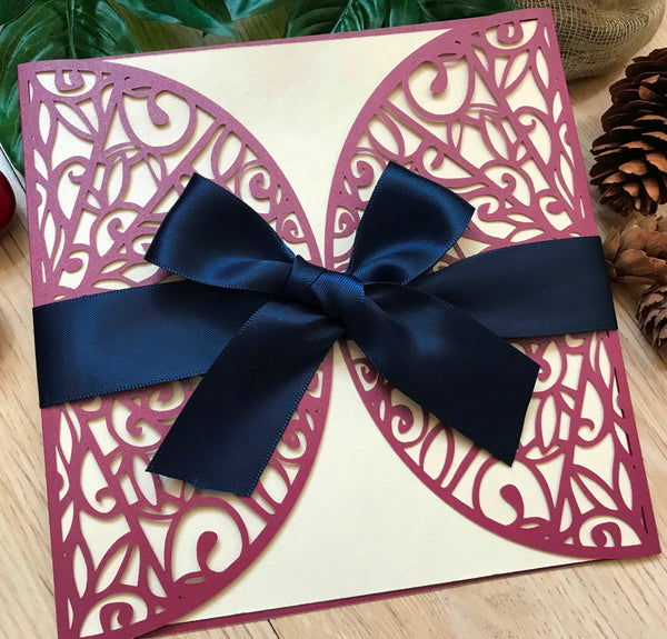 50pcs Pearl Burgundy Red Laser Cut Invitation Sleeves,Wedding Cards Sleeves,Laser Cut Invite Covers - Kdecoration