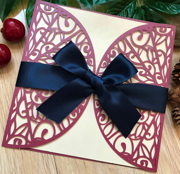 50pcs Pearl Burgundy Red Laser Cut Invitation Sleeves,Wedding Cards Sleeves,Laser Cut Invite Covers - Kdecoration