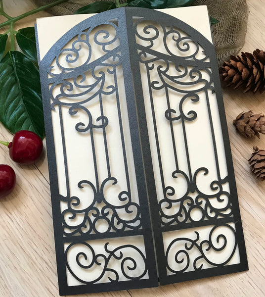 50pcs Pearl Black Gate Laser Cut Invitations Covers,laser cut wedding invite cards,birthday invitation cards,custom bridal shower invitation cards,envelopes avaliable - Kdecoration