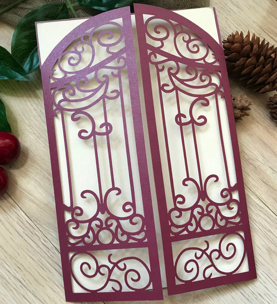 50pcs Pearl Burgundy Red Gate Laser Cut Wedding Invitations,Laser Cut Wedding Invite - Kdecoration