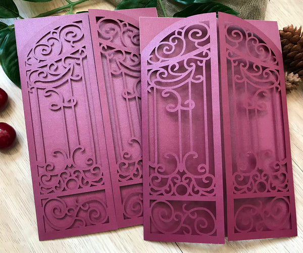 50pcs Pearl Burgundy Red Gate Laser Cut Wedding Invitations,Laser Cut Wedding Invite - Kdecoration