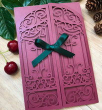 50pcs Pearl Burgundy Red Gate Laser Cut Invitations Cards,Laser Cut Wedding Invite Covers with blackish green ribbon - Kdecoration