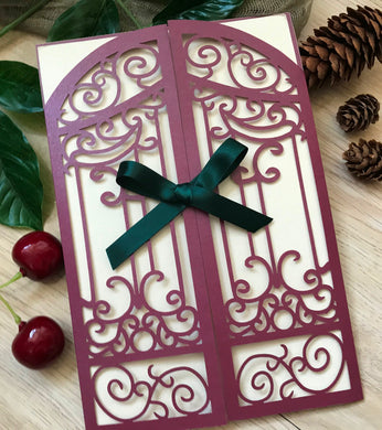 50pcs Pearl Burgundy Red Gate Laser Cut Invitations Cards,Laser Cut Wedding Invite Covers with blackish green ribbon - Kdecoration