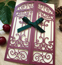 50pcs Pearl Burgundy Red Gate Laser Cut Invitations Cards,Laser Cut Wedding Invite Covers with blackish green ribbon - Kdecoration