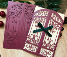 50pcs Pearl Burgundy Red Gate Laser Cut Invitations Cards,Laser Cut Wedding Invite Covers with blackish green ribbon - Kdecoration