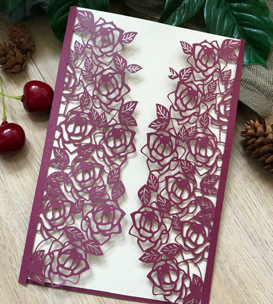 50pcs Pearl Burgundy Red Laser Cut Invitations Covers,custom engagement invitation cards,Laser Cut wedding invite cards,DIY invitation cards - Kdecoration