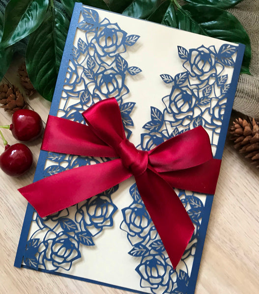 50pcs Pearl Navy Blue laser cut wedding invitation with burgundy red ribbon,Birthday Invitation - Kdecoration