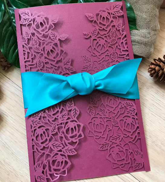 50pcs Pearl Burgundy Red laser cut wedding invites covers with ribbon,Birthday Invitation with ribbon - Kdecoration