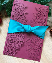 50pcs Pearl Burgundy Red laser cut wedding invites covers with ribbon,Birthday Invitation with ribbon - Kdecoration