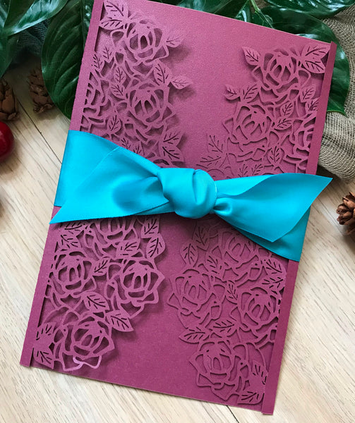 50pcs Pearl Burgundy Red laser cut wedding invites covers with ribbon,Birthday Invitation with ribbon - Kdecoration
