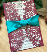 50pcs Pearl Burgundy Red laser cut wedding invites covers with ribbon,Birthday Invitation with ribbon - Kdecoration