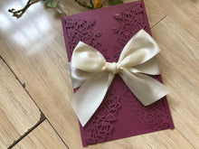 50pcs Burgundy Red laser cut wedding invitation with cream ribbon,Laser Cut Wedding Cards,Engagement Invitation with ribbon - Kdecoration