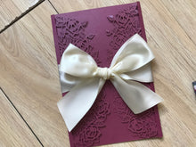 50pcs Burgundy Red laser cut wedding invitation with cream ribbon,Laser Cut Wedding Cards,Engagement Invitation with ribbon - Kdecoration