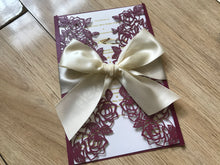 50pcs Burgundy Red laser cut wedding invitation with cream ribbon,Laser Cut Wedding Cards,Engagement Invitation with ribbon - Kdecoration