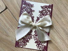 50pcs Burgundy Red laser cut wedding invitation with cream ribbon,Laser Cut Wedding Cards,Engagement Invitation with ribbon - Kdecoration