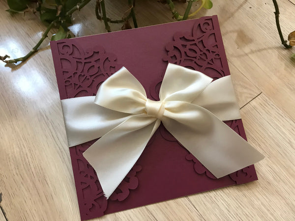50pcs Pearl Burgundy Red Laser Cut invitation Card with cream ribbon,Sweet 16 invitation,Bridal Shower Invitaiton,Laser Cut Wedding Card - Kdecoration